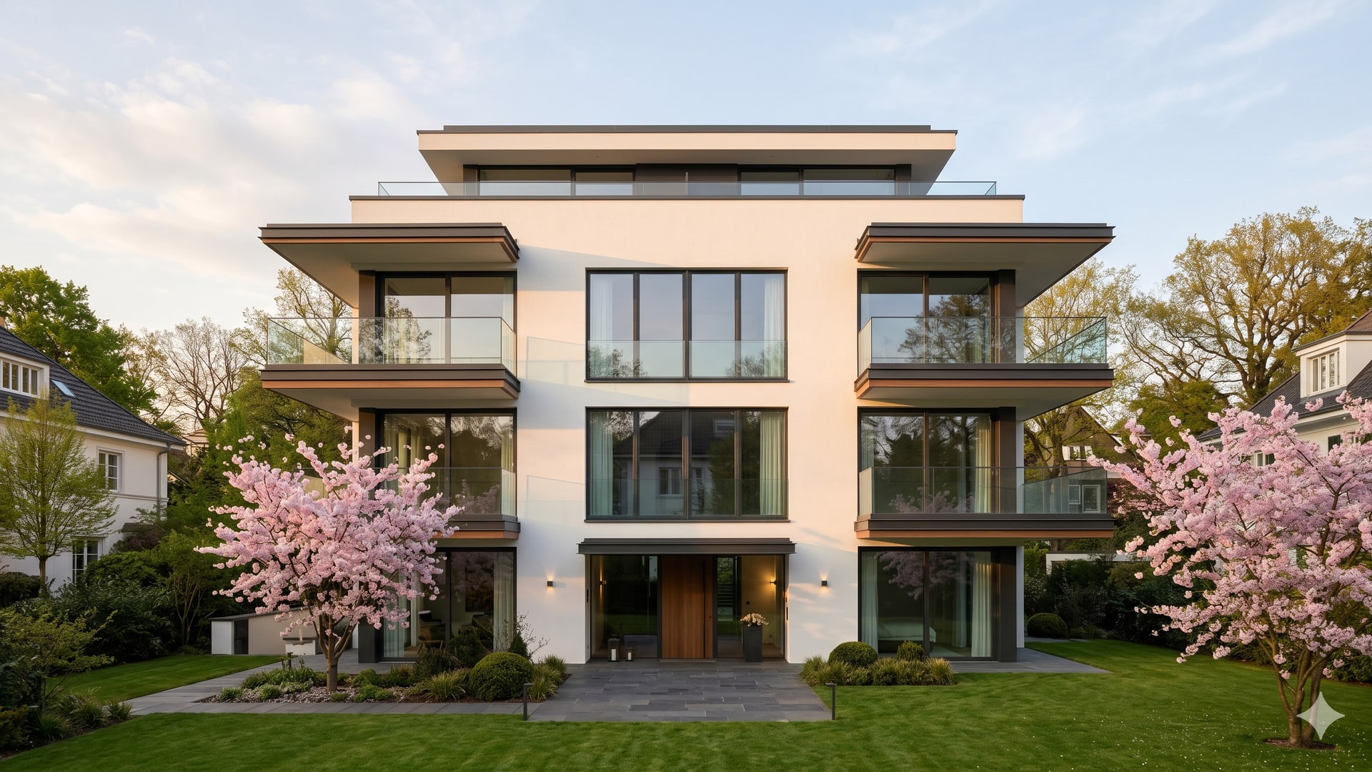 Malom Invest residence — contemporary white building with cherry blossoms in spring garden