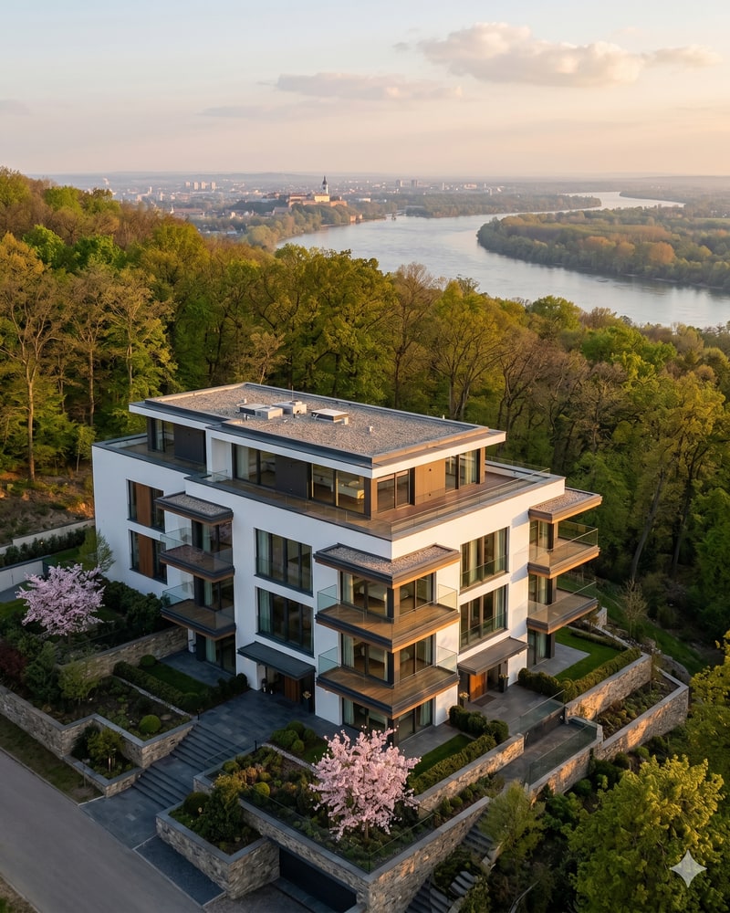 Hillside Residences — aerial view of Malom building integrated with Vojvodina forest, with Danube valley in distance