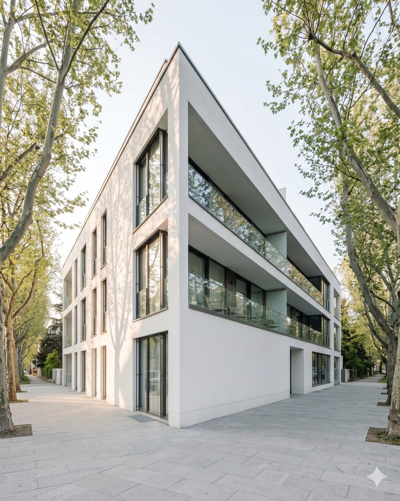 Urban Residences — contemporary low-rise apartment building on tree-lined European street